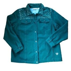 Dream Jeanne’s By Quacker Factory Studded Stretch Jean Jacket Sz L Dk Green
